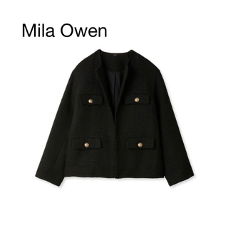 ミラオーウェン(Mila Owen)の新品 フラップデザインショートツイードジャケット ブラック 黒 0(ノーカラージャケット)