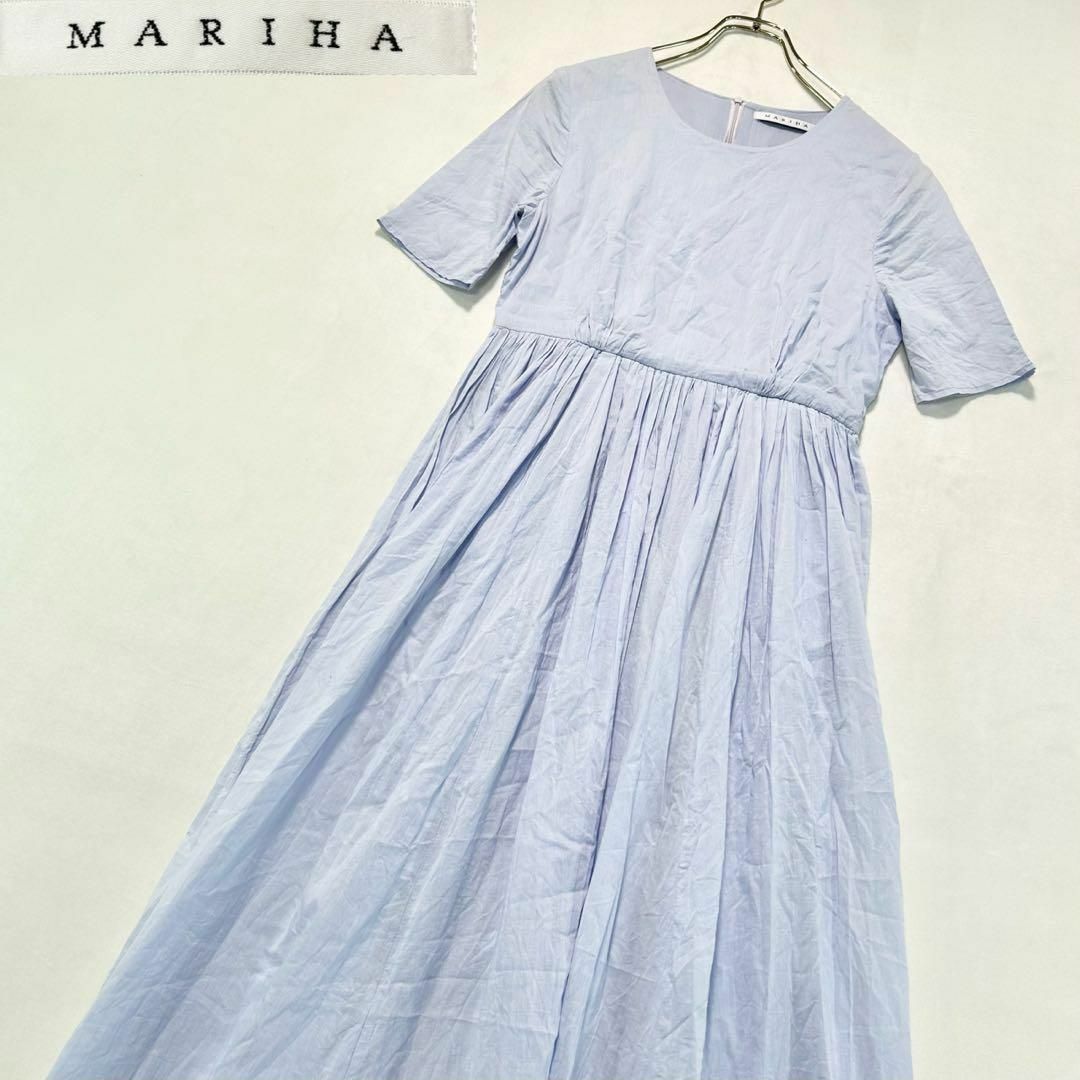 X201【MARIHA／マリハ】半袖　フレア　ロングワンピース　３８／Ｍ　ブルー