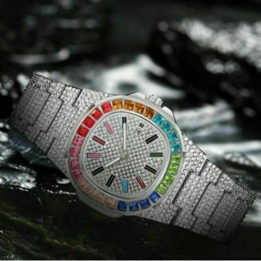 ラグジュアリーウォッチ ジュエリー腕時計 CZレインボーダイヤ シルバー メンズの時計(腕時計(アナログ))の商品写真
