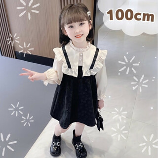  子ども 100 ビッグカラー 花柄ワンピース 新品 スーツ フラワー 白 黒(ドレス/フォーマル)