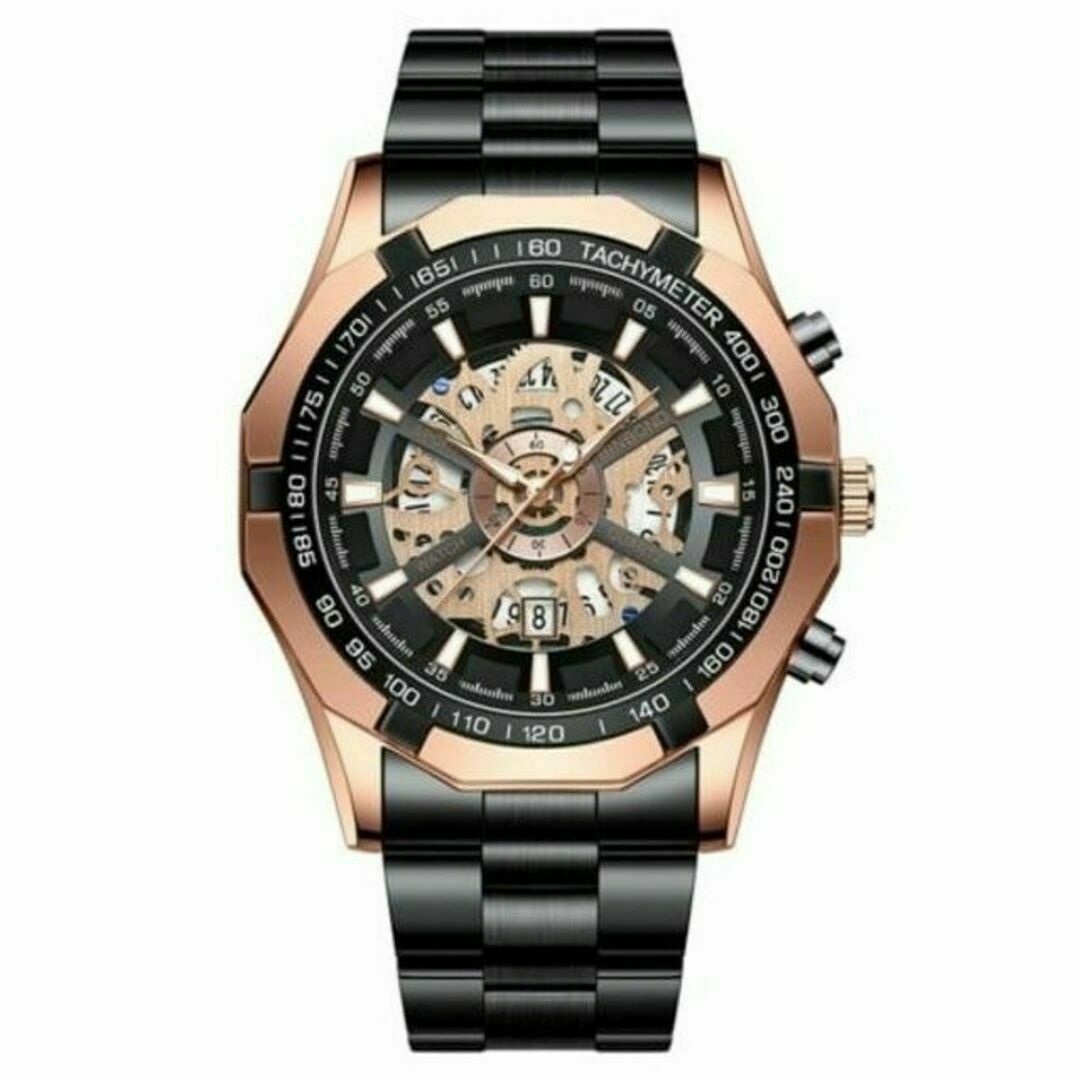 BINBOND ラグジュアリー スケルトン メンズ ステンレス 腕時計 黒ゴール メンズの時計(腕時計(アナログ))の商品写真