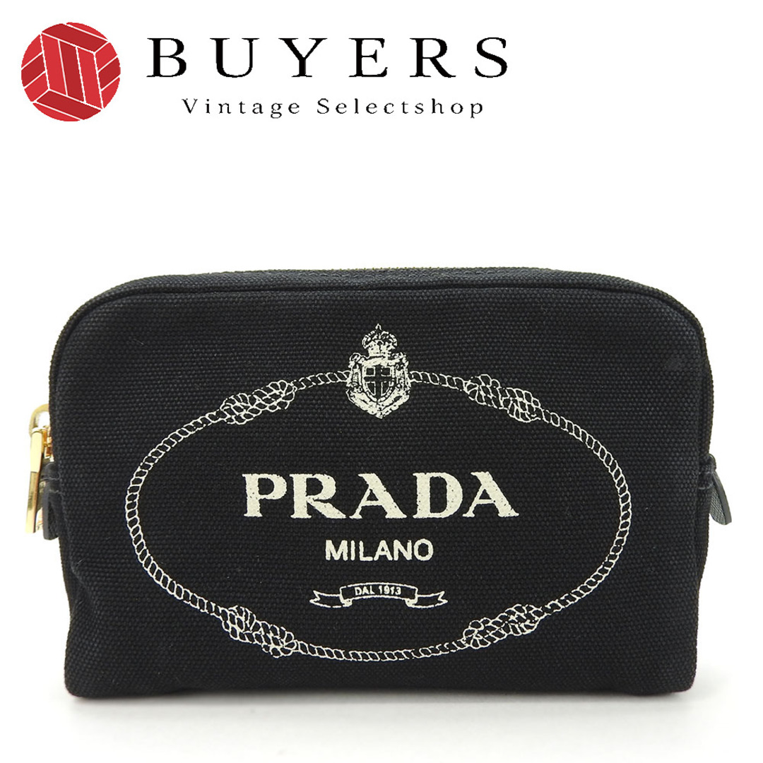 PRADA(プラダ)の【中古】 プラダ ポーチ 1NA021 キャンバス NERO＋TALCO ブラック ゴールド金具 小物入れ 化粧 ストライプ レディース 女性 PRADA レディースのファッション小物(ポーチ)の商品写真