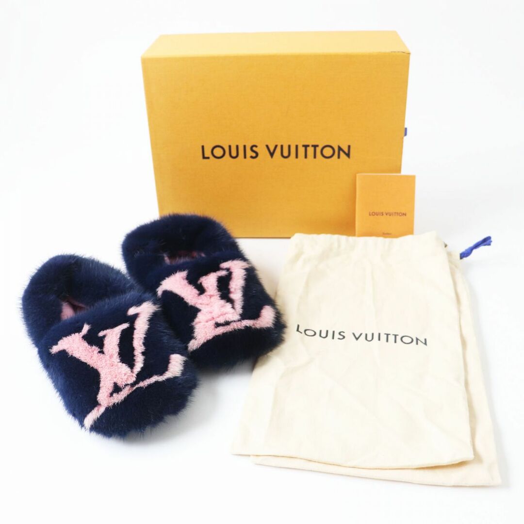 LOUIS VUITTON(ルイヴィトン)の極美品 LOUIS VUITTON ルイヴィトン ドリーミーライン LVロゴ ミンクファー スリッパ／ ルームシューズ ネイビー 38 箱・保存袋付き レディース 定価258,400円 レディースの靴/シューズ(その他)の商品写真