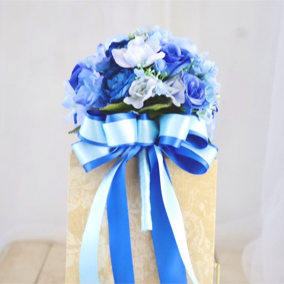 ブルーブーケ ティアドロップブーケ ウェディングブーケ 造花 ハンドメイドのウェディング(ブーケ)の商品写真