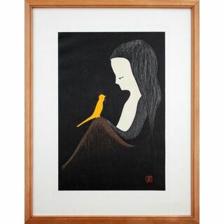 河野 薫『少女と黄色い鳥』木版画【真作保証】 絵画(版画)
