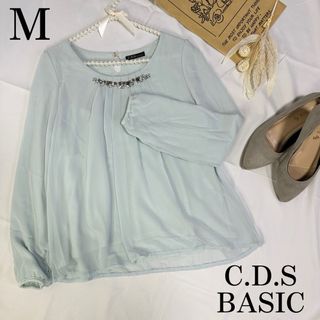 シーディーエスベーシック(C.D.S BASIC)のC.D.S BASIC ビジュー シフォン ブラウス ブルー 224a102(シャツ/ブラウス(長袖/七分))