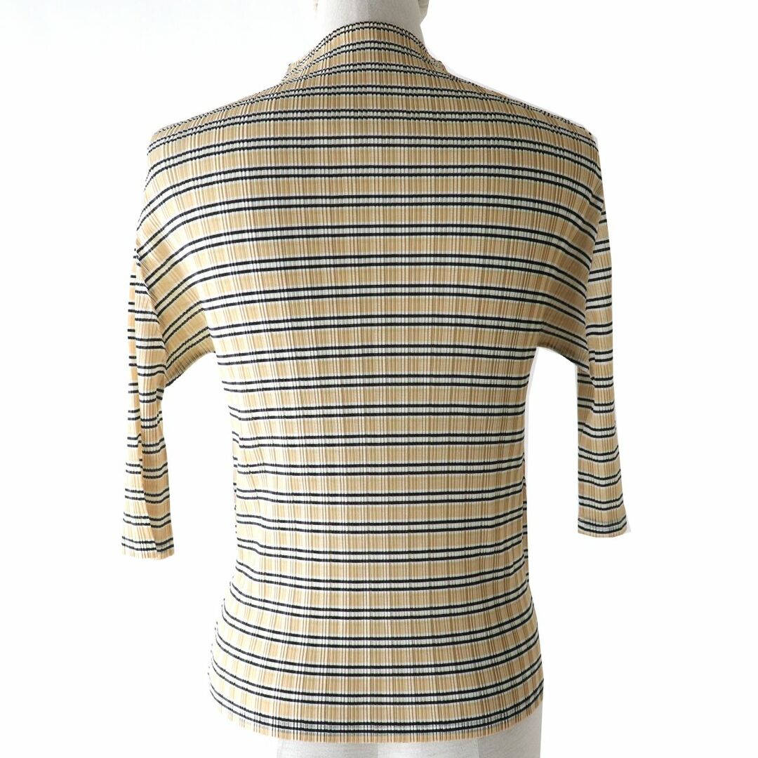 PLEATS PLEASE ISSEY MIYAKE(プリーツプリーズイッセイミヤケ)の極美△正規品 プリーツプリーズ イッセイミヤケ PP81-FK342 ボーダー柄 ハイネック 5分袖 カットソー トップス ベージュ×黒×白 03 日本製 レディースのトップス(カットソー(半袖/袖なし))の商品写真