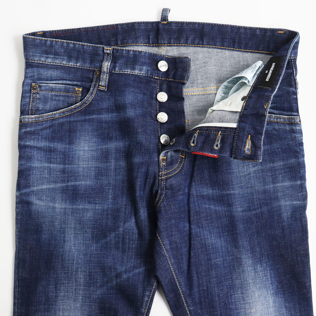 DSQUARED2(ディースクエアード)の美品 DSQUARED2 ディースクエアード 22AW S74LB1133 Skater Jean ブリーチ加工 ボタンフライ レザーパッチ付き デニムパンツ ジーンズ インディゴブルー 48 イタリア製 正規品 メンズ メンズのトップス(ジャージ)の商品写真