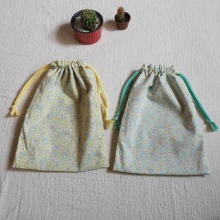 巾着2点セット＊ハンドメイド＊給食袋＊花柄＊ミントグリーン＊イエロー＊コップ袋(バッグ/レッスンバッグ)