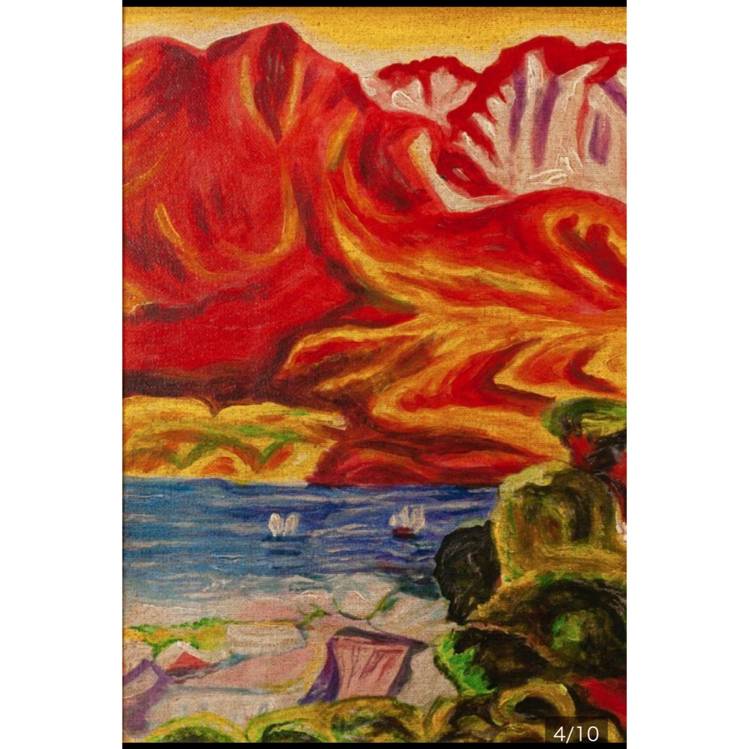 梅原龍三郎油彩 手描き『桜島』 表裏サイン(印譜) 中川一政鑑定 梅原龍三郎油彩 手描き『桜島』 表裏サイン(印譜) 中川一政鑑定