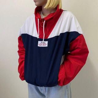 FILA フィラ ”VIALE CESARE” ショート丈 ハーフジップ 切替 バック プルオーバー ナイロンジャケット  レディースL(ブルゾン)