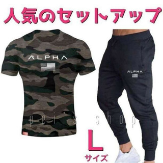 Tシャツ×スウェットジョガーパンツ　セットアップメンズジムウェアLサイズ迷彩×黒
