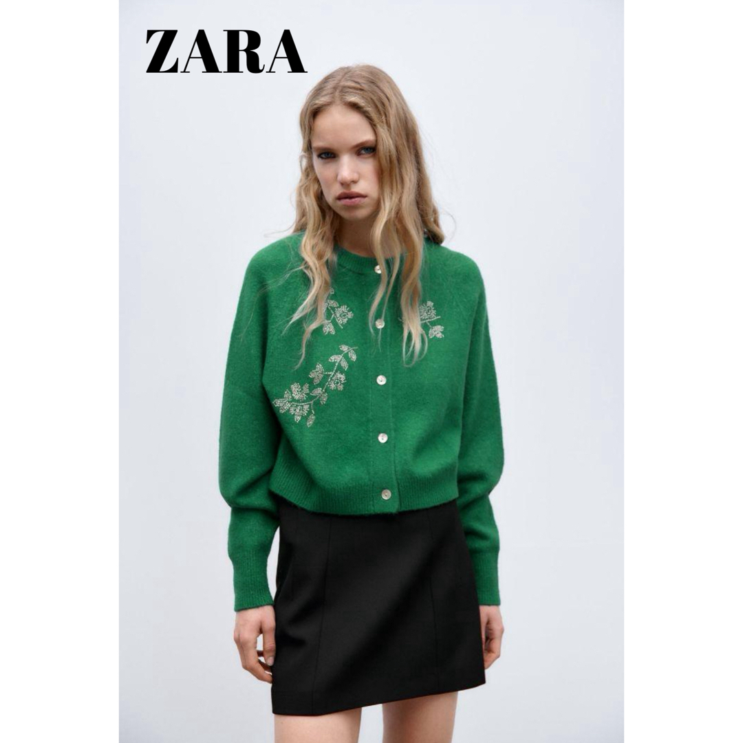 ZARA(ザラ)の未使用　ZARA　ビーズ付きニットカーディガン　Lサイズ　グリーン レディースのトップス(カーディガン)の商品写真