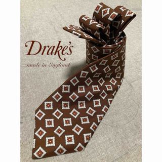 【新品】Drake's／ドレイクス／プリントタイ／小紋柄／ブラウン／英国製