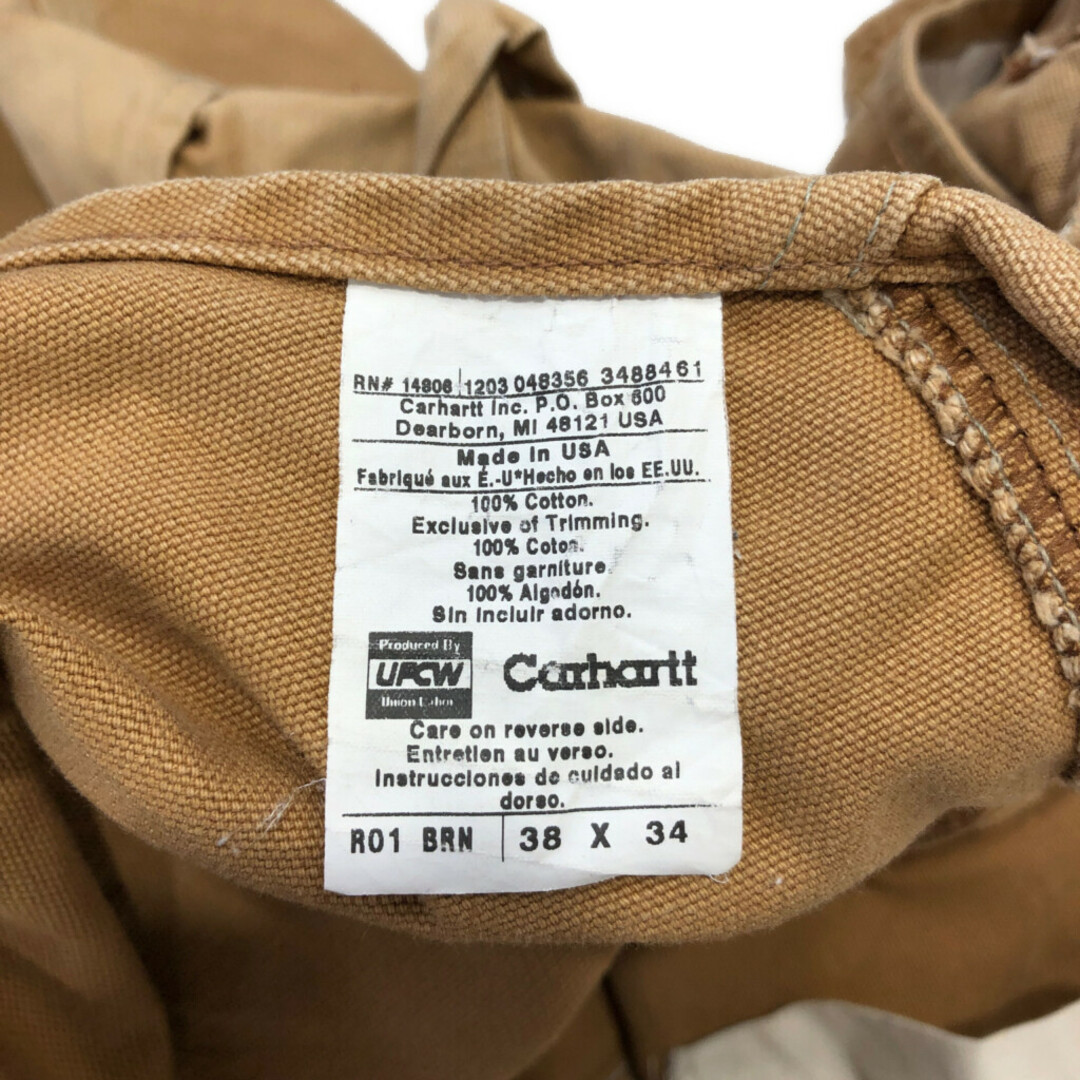 carhartt(カーハート)の90年代 USA製 Carhartt カーハート ダック ワーク オーバーオール ボトムス ダブルニー ワーク ベージュ (メンズ 38/34) 中古 古着 P8061 メンズのパンツ(サロペット/オーバーオール)の商品写真