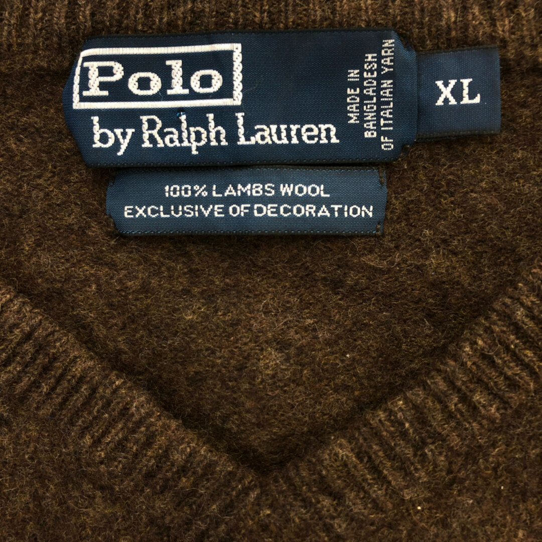 POLO RALPH LAUREN(ポロラルフローレン)の90年代 Polo by Ralph Lauren ラルフローレン ラムウール Vネック セーター ワンポイントロゴ ブラウン (レディース XL) 中古 古着 P8375 レディースのトップス(ニット/セーター)の商品写真