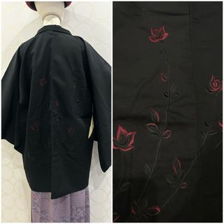 SALE！ 羽織 赤黒 花 刺繍 ロング羽織(カーディガン)