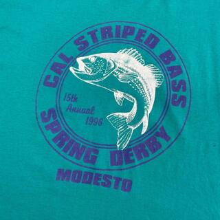 90年代  CAL STRIPED BASS ストライプドバス 魚 アニマル アート プリントTシャツ ヴィンテージ メンズXL(Tシャツ/カットソー(半袖/袖なし))