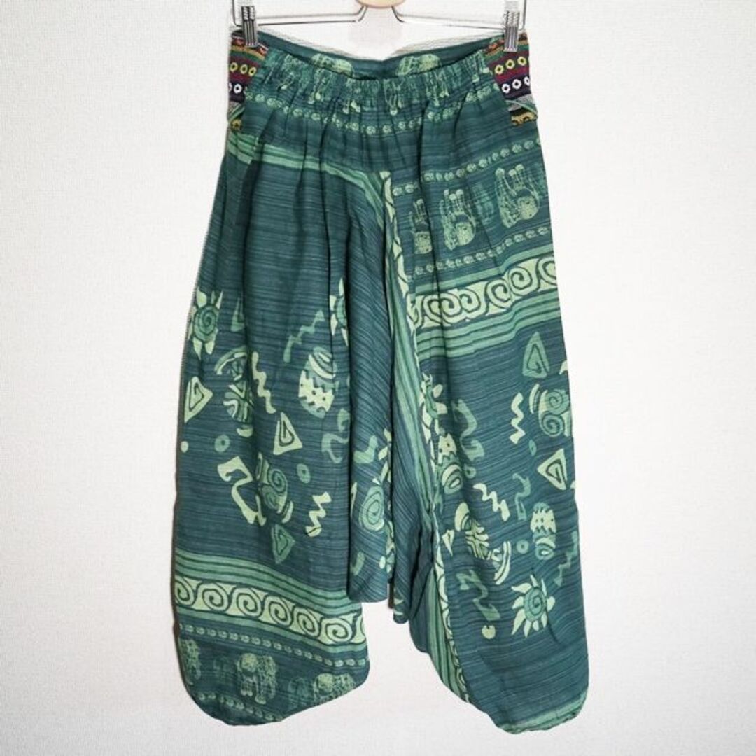 【新品】エスニックベルト・ポケットサルエルパンツ　ゾウと民族柄　深緑系 メンズのパンツ(サルエルパンツ)の商品写真