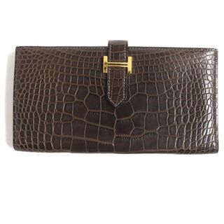 エルメス(Hermes)の美品▼HERMES エルメス ベアン クラシック アリゲーター クロコダイルレザー 2つ折り長財布 ブラウン ゴールド金具 仏製 □G刻印 箱付き(長財布)