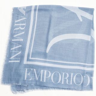 エンポリオアルマーニ(Emporio Armani)の未使用品●2018年製 黒タグ EMPORIO ARMANI エンポリオアルマーニ 632315 ロゴ入り 大判 フリンジストール ブルー系 イタリア製 箱付き(ストール)