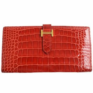 エルメス(Hermes)の良品●HERMES エルメス ベアンスフレ  アリゲーター Hロゴ/ゴールド金具付き 二つ折り ロングウォレット/長財布 ブラウン フランス製 C刻印(長財布)