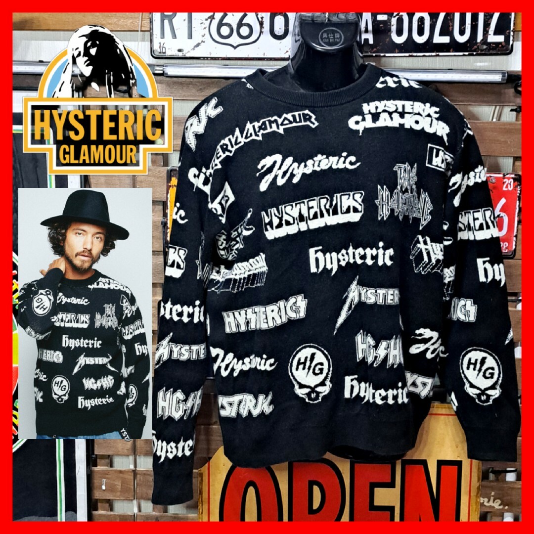 HYSTERIC GLAMOUR(ヒステリックグラマー)のヒステリックグラマー　総柄ロゴ　ジャガード　ニット　セーター　スウェット　L　黒 メンズのトップス(ニット/セーター)の商品写真