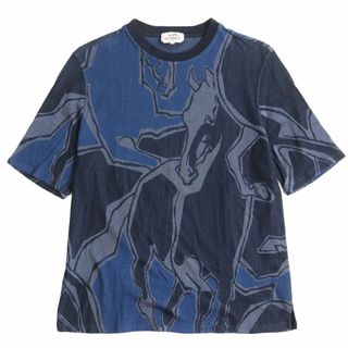 エルメス(Hermes)の極美品●21SS HERMES エルメス Dance of Horses Light 鹿の子生地 半袖 Tシャツ/カットソー ブルー系 大きめサイズXXL イタリア製 正規品(Tシャツ/カットソー(半袖/袖なし))