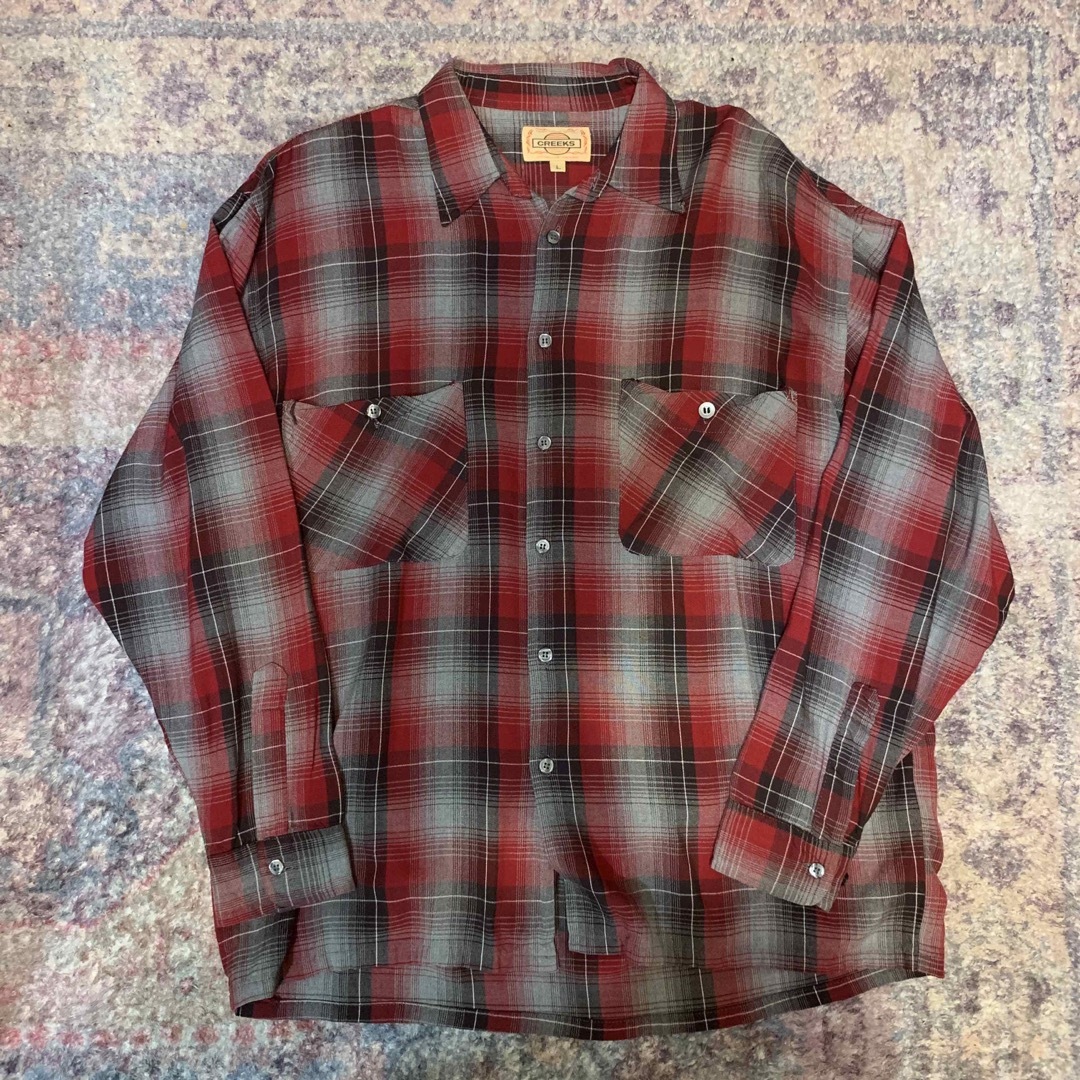60sオンブレチェック レーヨンシャツ シャドーチェック 黒赤 メンズのトップス(シャツ)の商品写真