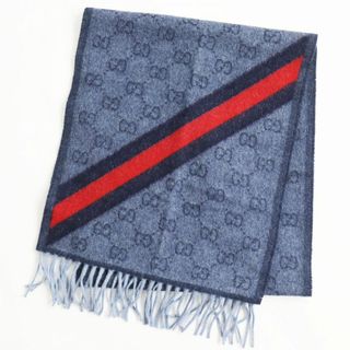 グッチ(Gucci)の極美品●GUCCI グッチ 570603 ウール×アルパカ GG柄 ウェブライン フリンジマフラー/ストール ミッドナイトブルー 190×37 伊製 正規品(マフラー)