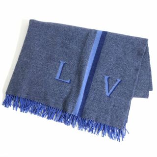 ルイヴィトン(LOUIS VUITTON)の美品□2019年製 ルイヴィトン R98932 ロゴ入り ラインデザイン ウール×カシミヤ フリンジ ブランケット/超大判ショール 青系 UK製 正規品(日用品/生活雑貨)