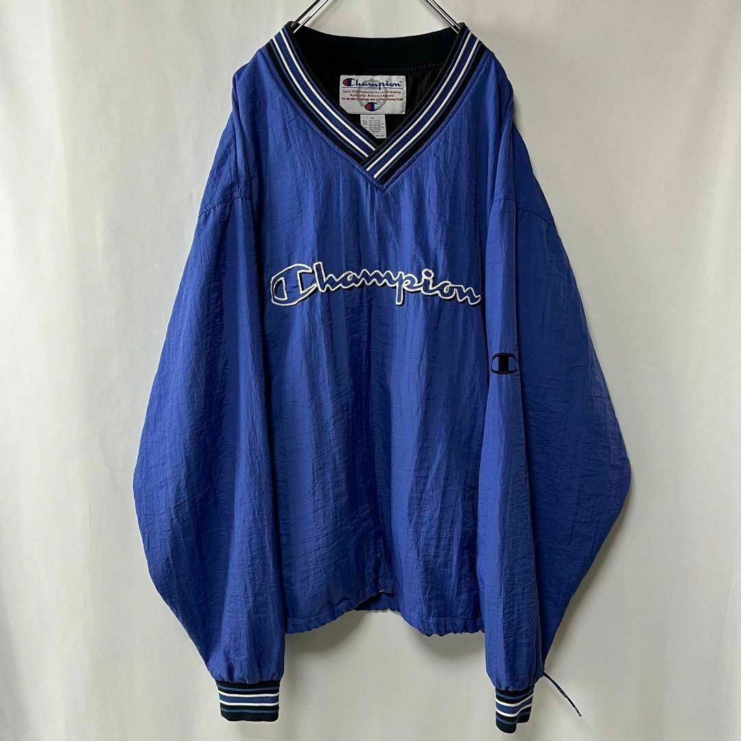 Champion(チャンピオン)のチャンピオン　ナイロンプルオーバージャケット　　ゲームシャツ　XLサイズ　ブルー メンズのジャケット/アウター(ナイロンジャケット)の商品写真