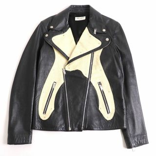 サンローラン(Saint Laurent)の極美品◆サンローランパリ 438225 リアルパイソン切替 レザー ダブルライダースジャケット ブラック×ベージュ 46 伊製 メンズ 正規品(ライダースジャケット)