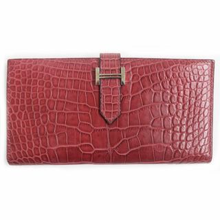 エルメス(Hermes)の美品□HERMES/エルメス ベアンクラック Hロゴ シルバー金具 アリゲーター レザーロングウォレット/長財布 ルージュ系 仏製 □F刻印入り(長財布)