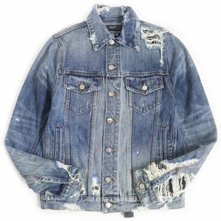 アミリ(AMIRI)の美品□AMIRI/アミリ MOTRK-BND クラッシュ加工 バンダナ ロゴボタン コットン100％ デニムジャケット/ジージャン ブルー XS USA製 正規品(Gジャン/デニムジャケット)