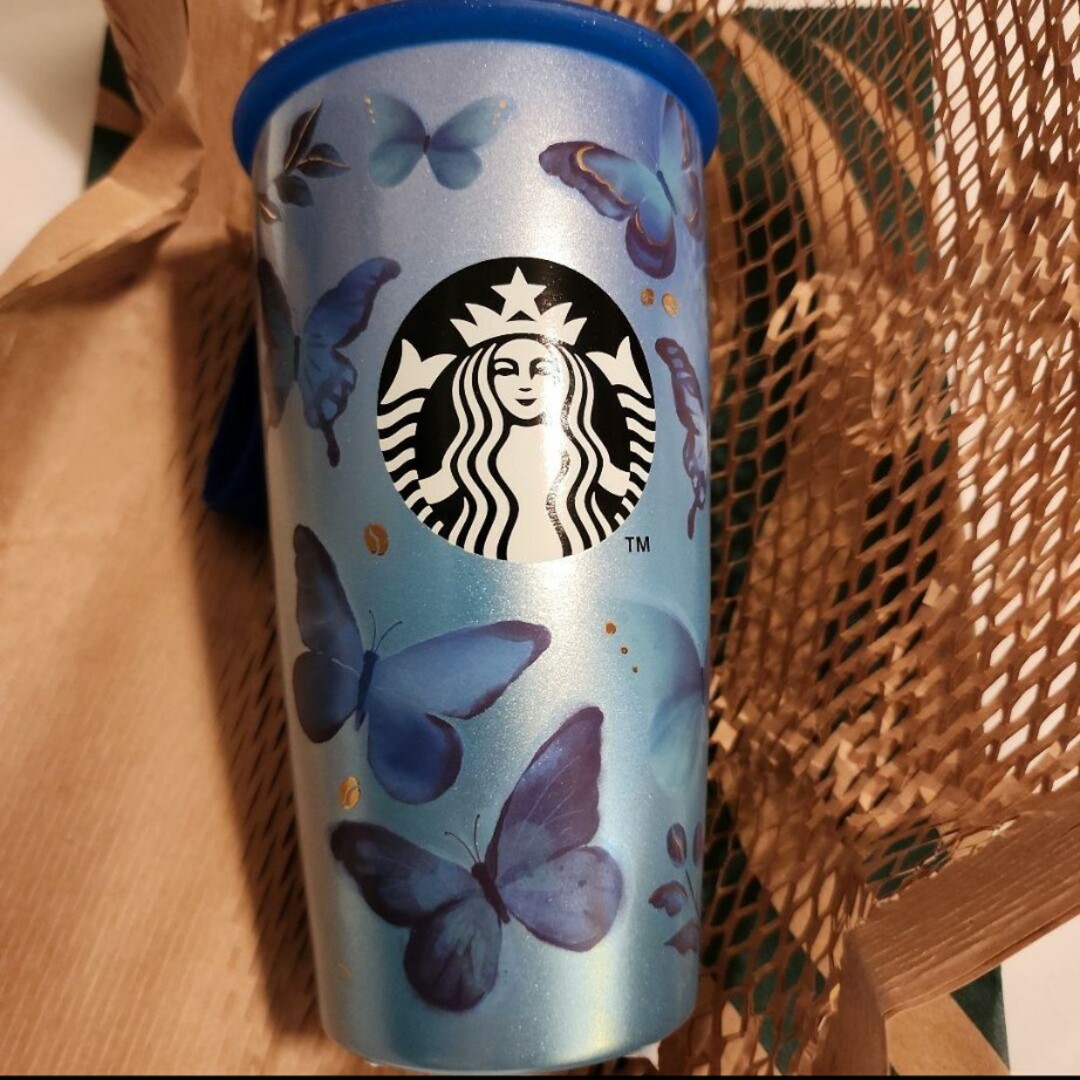 Starbucks(スターバックス)のスターバックスストラップカップシェイプステンレスボトルブルーバタフライ355ml インテリア/住まい/日用品のキッチン/食器(タンブラー)の商品写真