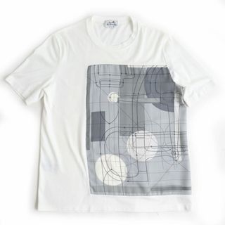 エルメス(Hermes)の極美品◆20SS HERMES エルメス シルク切り替え クルーネック 半袖Tシャツ ホワイト×グレー M メンズ イタリア製 正規品(Tシャツ/カットソー(半袖/袖なし))