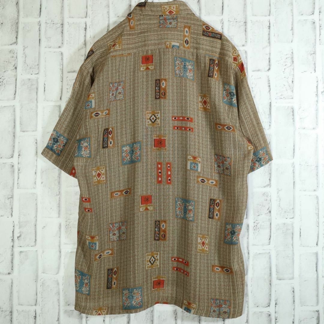 【レトロ古着】シアーシャツ ポリシャツ 幾何学模様 ブラウン 茶 半袖 L メンズのトップス(シャツ)の商品写真