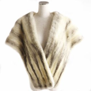 オフホワイト(OFF-WHITE)の毛並み美品●クロスミンク MINK 裏地花柄刺繍 本毛皮ショール／ティペット オフホワイト×グレー 毛質艶やか・柔らか◎(マフラー/ショール)