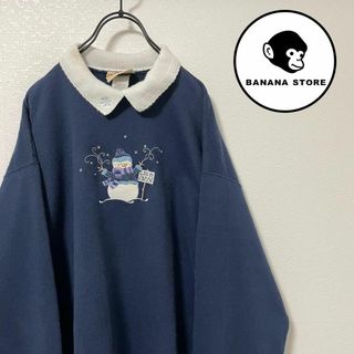 90's 襟付きスウェット ネイビー 刺繍 スノーマン ゆるだぼ レトロ古着(トレーナー/スウェット)