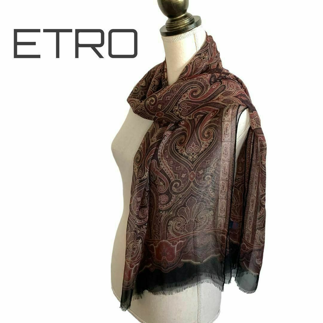 ETRO(エトロ)のETRO 大判 シルク シフォン ストール ショール ペイズリー ブラック レディースのファッション小物(マフラー/ショール)の商品写真