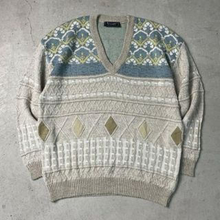 80〜90年代 ベルギー製 BONETI 総柄ニットセーター コットン×アクリル スエードパッチ Vネック メンズL相当(ニット/セーター)