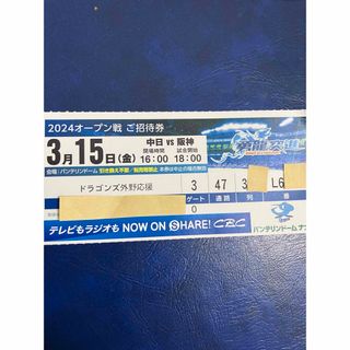 チュウニチドラゴンズ(中日ドラゴンズ)の3/15 中日vs阪神 レフトドラゴンズ応援席1枚(1〜3枚可)(その他)