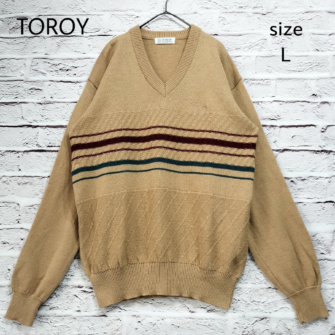 TOROY(トロイ)の【日本製】トロイ TOROY Vネック ウール ニット セーター ロゴ刺繍 メンズのトップス(ニット/セーター)の商品写真