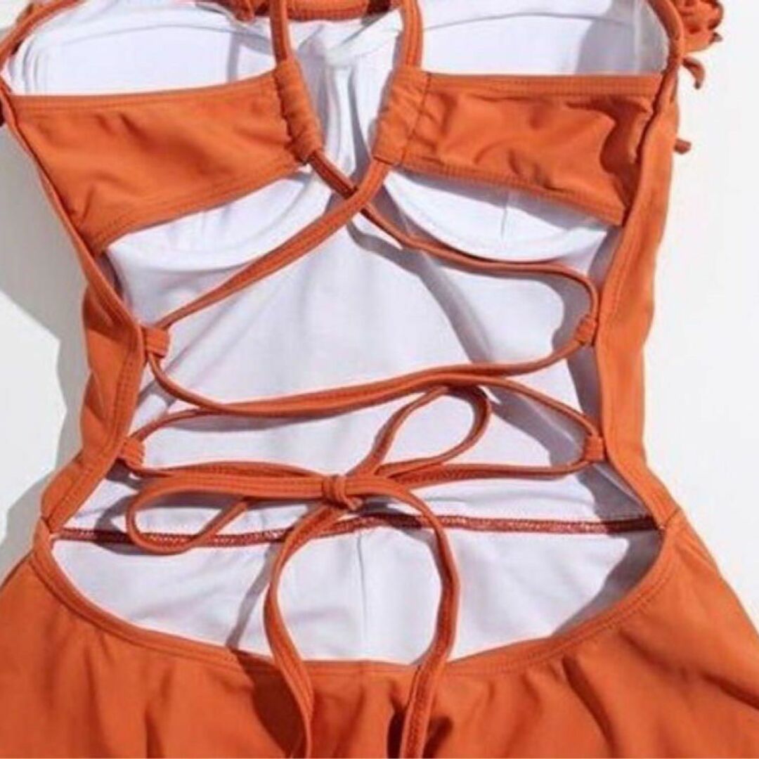 レディース水着 ワンピース フリル 編上げ スカート　体型カバー 韓国　オレンジ レディースの水着/浴衣(水着)の商品写真