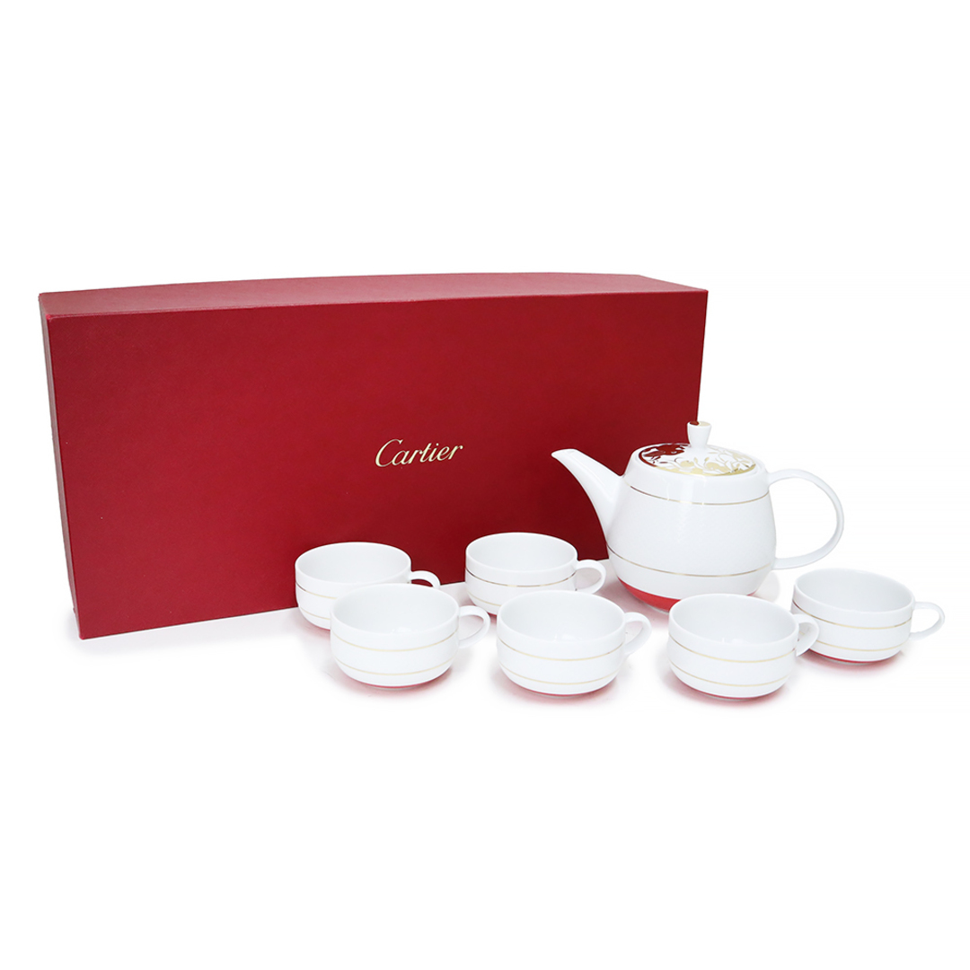 Cartier(カルティエ)のカルティエ ティーポットセット うさぎ ティーカップ & ティーポット コップ 食器 陶器 ホワイト レッド ゴールド 白 赤 金 Cartier（未使用　展示品） インテリア/住まい/日用品のキッチン/食器(食器)の商品写真