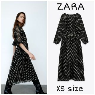 ザラ(ZARA)のZARA　フラワー刺繍入りワンピース　XSサイズ　ブラック(ロングワンピース/マキシワンピース)