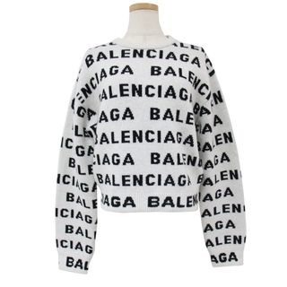 バレンシアガ(Balenciaga)のBALENCIAGA バレンシアガ ニット セーター ホワイト ブラック 白 黒 サイズ:XS 長袖 クルーネック ジャガード ロゴ 総柄 ウール 23年秋冬 イタリア製 ブランド トップス【レディース】【中古】(ニット/セーター)