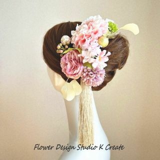 ピンクのダリアと薔薇と桜のヘッドドレス　ウェディング　結婚式　成人式　袴　髪飾り(ヘアピン)