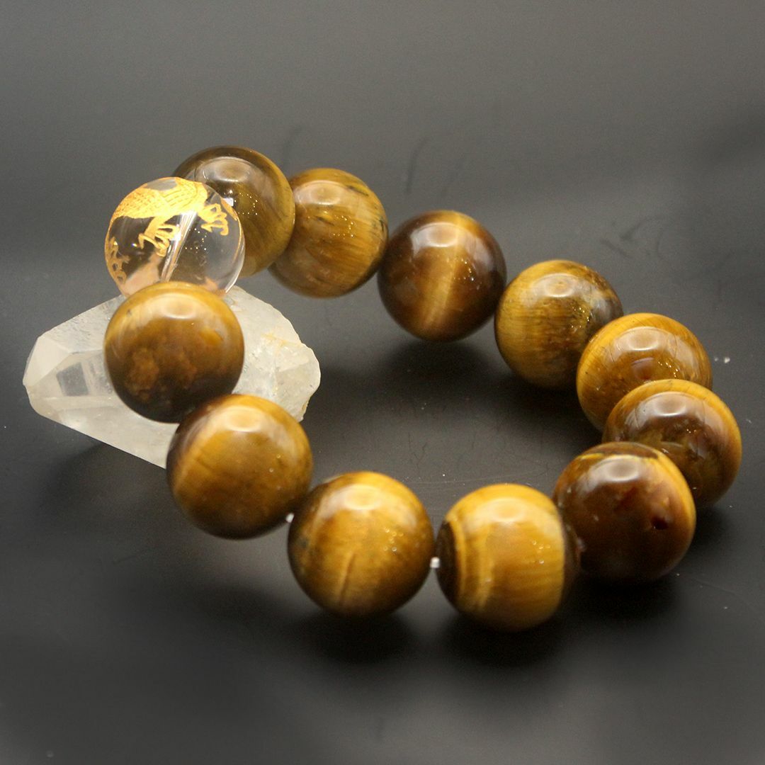 金彫り龍彫刻水晶20mm タイガーアイ ブレスレット 大玉20mm 金彫り龍彫刻水晶20mm タイガーアイ ブレスレット 大玉20mm